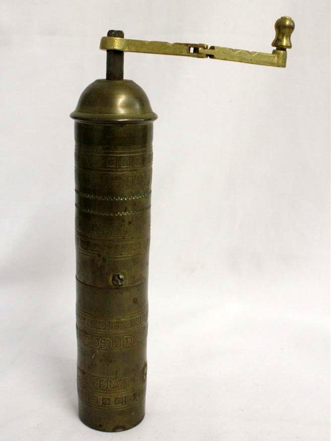 Antique Brass & Iron Greek Coffee Mill Grinder Engraved: Antique engraved Brass & Iron Coffee Mill/Grinder. A nice tall mill engraved with grapes, leaves & vines & flowers. Marked Greek Coffee Mill on the side & marked on the bottom with a head & Made in Gr