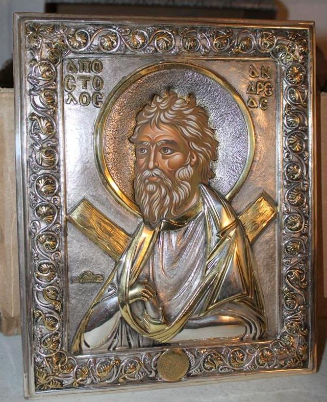 M.I. Armaos Greek 925 Sterling Gold Byzantine Icon: Beautiful very ornate Greek Religious Icon. Made of 925 sterling silver hand engraved and chased with some gold. Hallmarked by the famous Greek silversmith M.I. Armaos along with 925 and some other ma