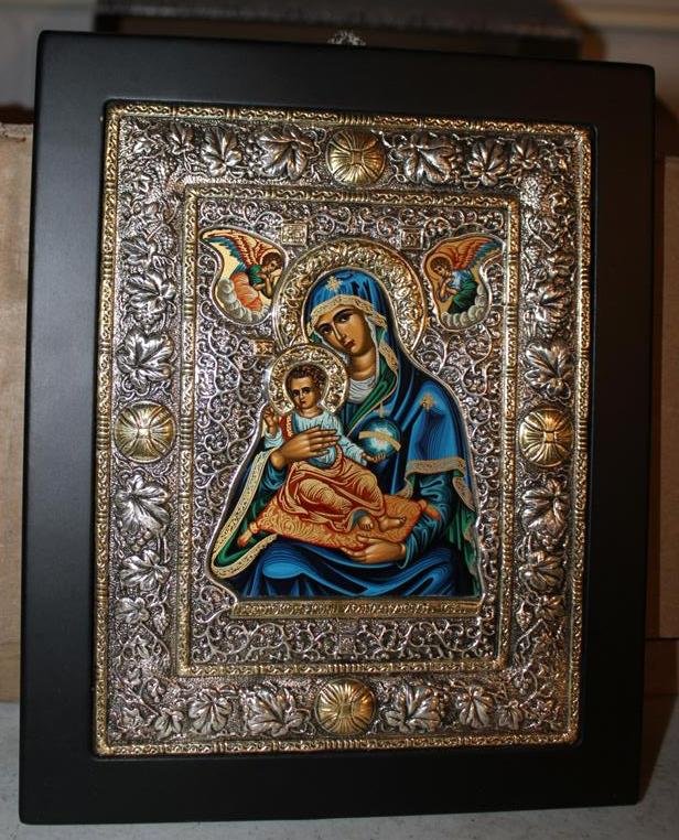 Greek 925 sterling Religious Byzantine Icon Mary Jesus: Gorgeous Greek 925 sterling silver and gold embossed religious icon of Mary & Jesus. Hallmarked 925 mounted on black frame. Measures 7” by 9”.