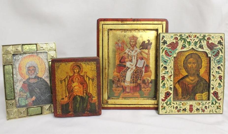 Lot of 4 Byzantine style Greek Religious Icons Enameled: This is a lot of 4 vintage/modern byzantine style replica Religious Icons. Of various figures. All made in Greece. Two are enamel polychrome painted brass or metal frames with portraits printed inside