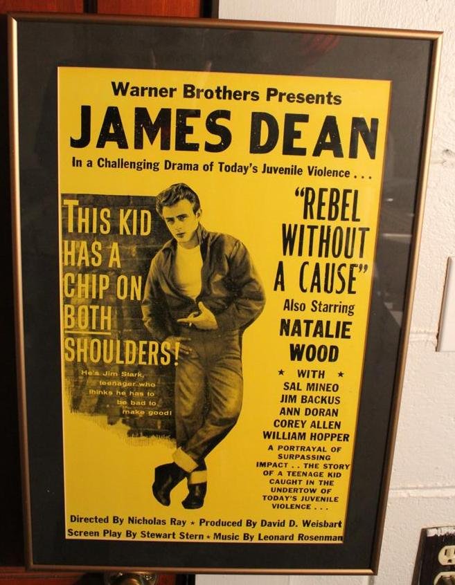 RARE James Dean Rebel Without a Cause Movie Poster: Here is a RARE original Warner Brothers James Dean “Rebel Without a Cause” Card Stock Movie poster. Possibly for a small lobby or window display. In excellent condition framed. Marked by the Tribu
