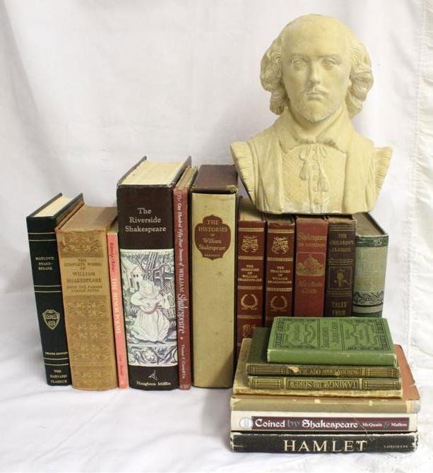 Collection of William Shakespeare Books & Ceramic Bust: Large lot of Various vintage & antique William Shakespeare Books including a large Ceramic Shakespeare Bust sculpture.