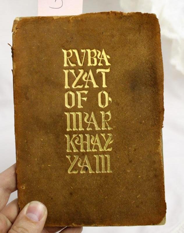 RARE Early 20th Century Rubaiyat of Omar Khayyam Book: Beautiful RARE early 20th Century edition of Rubaiyat of Omar Khayyam. In a gorgeous soft suede cover with gold lettering. With various black and white prints.