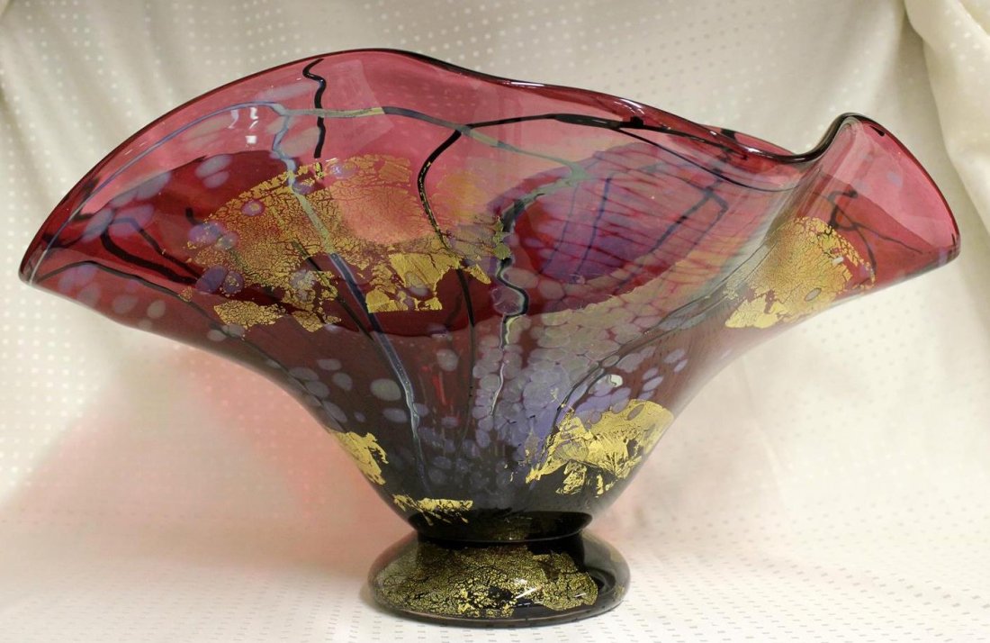 Tim Lazer 2007 Monumental Studio Art Glass Red Bowl: Stunning Studio Art Glass bowl by listed artist Tim Lazer. Made in 2007 signed and dated on the bottom. A large footed bowl centerpiece with a organic form shape similar to Dale Chihuly. In a beautifu