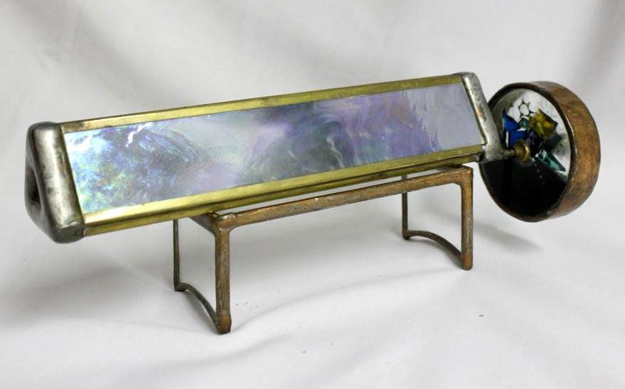 Vintage Barkschat Custom Kaleidoscope Stained Leaded: Interesting vintage Neil & Kate Barkschat signed Hand made Kaleidoscope. Made in NC by the couple. Slag glass triangular form tube with round spinning wheel. Which houses various objects along with a