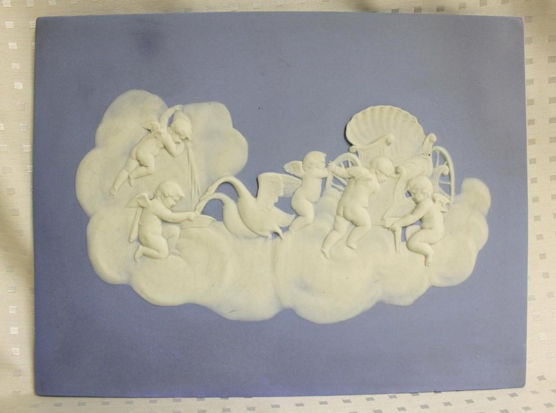 RARE Wedgwood Light Blue Jasperware Plaque Cherubs: Beautiful RARE 19th Century Wedgwood Jasperware Plaque. Made of Light blue with white applied scene of cherubs with a Swan and chariot in clouds. Signed Wedgwood on reverse. 9” by 7”.
