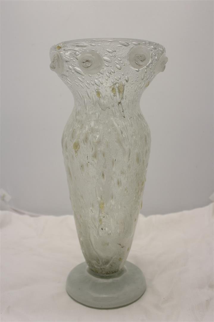 RARE Large Schneider French Bubble Glass Vase: Large Antique French Art Deco Art Glass Vase. Made by Schneider Glass Factory in France. Made of Clear Heavily Bubbled Glass with White Mottled Rim & Foot With applied decoration around top rim. Signe