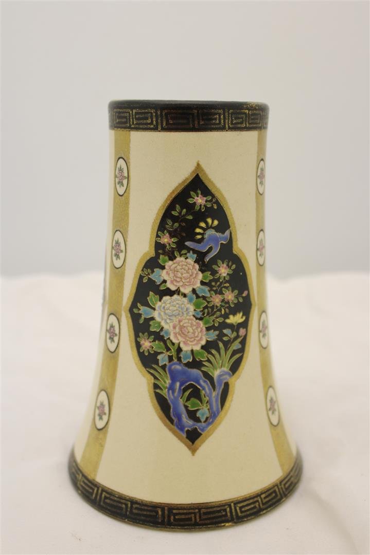 RARE Nippon Noritake Stoneware Enameled Floral Vase: Fabulous Antique Morimura Bros Nippon Noritake Vase. RARE Made out of a Satsuma style Stoneware pottery. Hand enamel painted with panels of black windows with chrysanthemums and more. Divided with gol