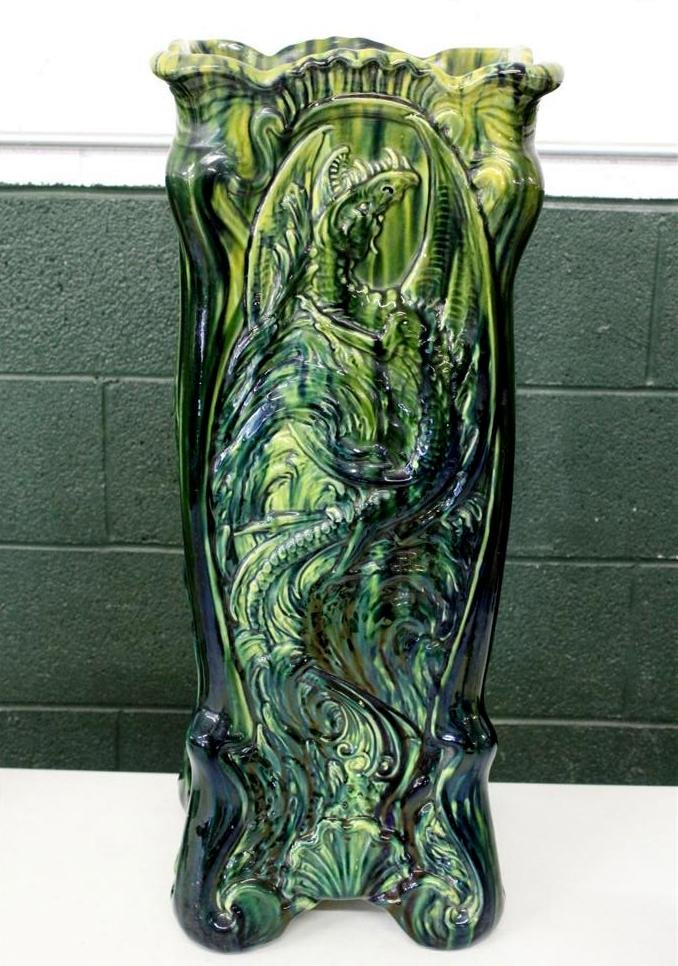 Monumental Weller? Art Nouveau Dragon Umbrella Stand: Stunning Monumental Art Nouveau Designed Antique Art Pottery Umbrella Cane Stand. No visible Mark Attributed to Weller. Has a fantastic large Fierce Winged Dragon on the four sides with shells & Scrol