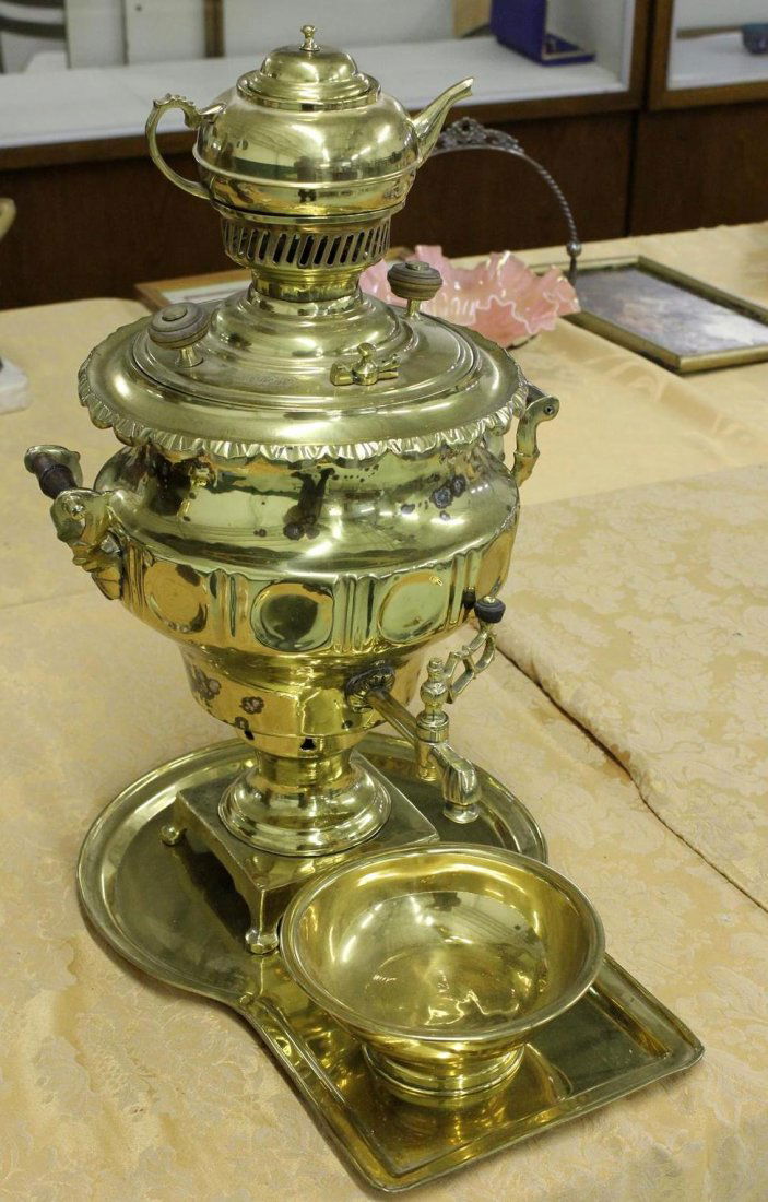 Large Brass Vintage Samovar Turkish Middle Eastern Tray: Nice Antique /vintage Brass Samovar. Large samovar of Turkish or Middle Eastern make with writing in two places on the lid. Complete with small teapot, bowl & tray. 20” tall