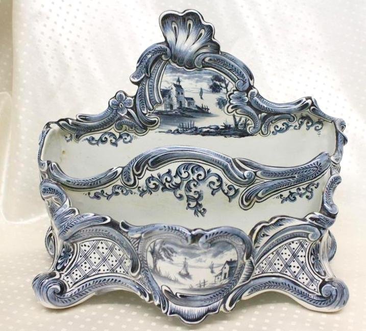 RARE Delft SC Maestricht Holland Faience Letter Stand: Fantastic large Societe Ceramique Maestricht Delft Holland letter stand. In a white tin glaze with Hand painted Faience style designs with scrolls, shells, cross hatch patterns & various panels of del