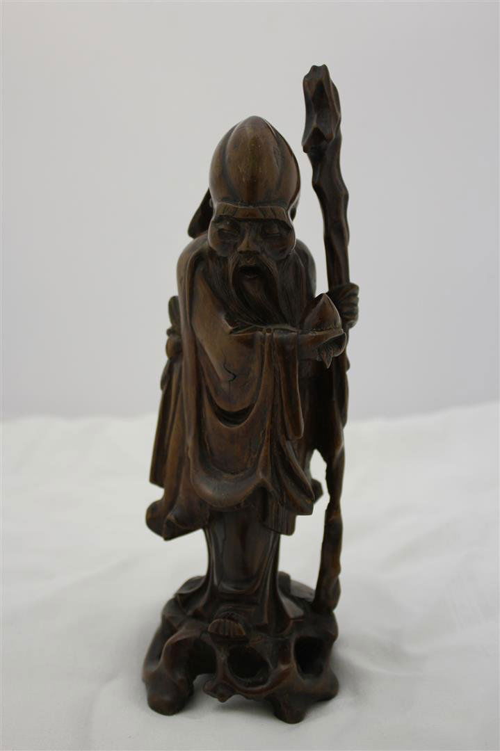 Beautiful Antique Carved Chinese Wooden Old Man Figure: Fantastic Antique Chinese wooden carved figure. 19th Century piece. Solid wood hand carved in the form of an old Chinese man. Possibly and immortal with a large staff. Nice original finish & patina. 1