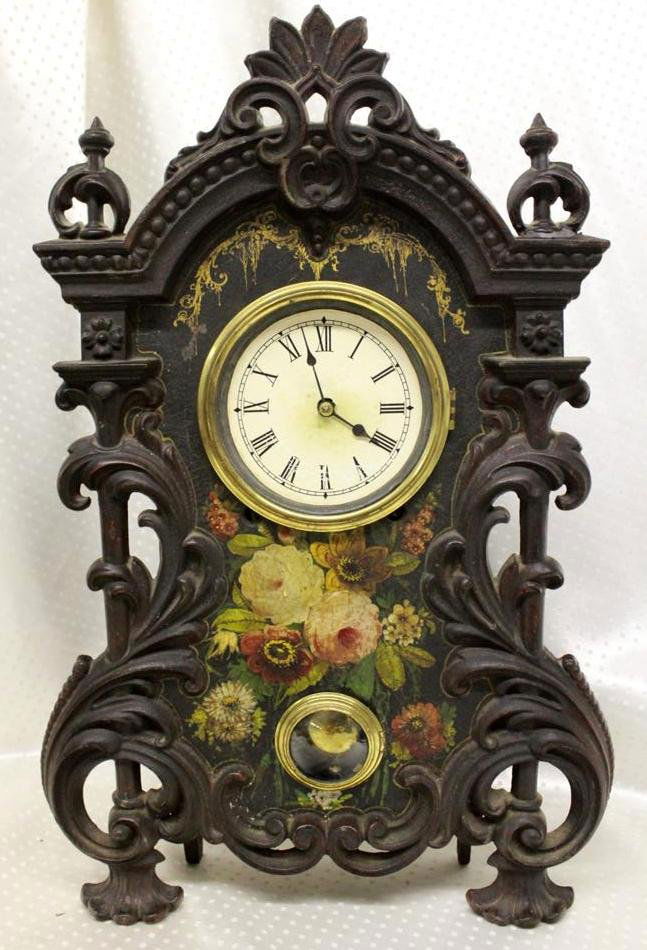 Antique Gothic Style Cast Iron Painted Mantle Clock Man Lot 0142