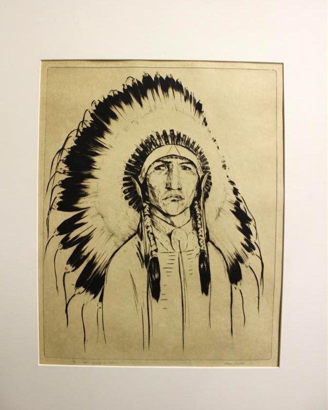Loren Barton Etching Chief Yowlachie Native American In: Very nice original etching by Loren Barton. A portrait etching of the Native American Indian chief Yowlachie also known as the American Western Cinema actor Daniel Simmons. Pencil signed lower right c