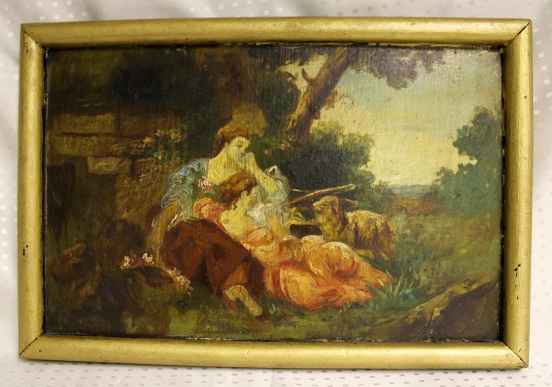 19th Century Continental School Oil Painting Woman Suns: Beautiful Antique 19th Century Continental school painting. Oil painted on plywood of two woman reclining on a hill side near a brick structure behind them. One is leaning on her arm while the other i