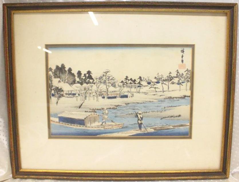 Ando Hiroshige (1797-1858) Toto Meisho Snow at Massaki: Great original Ando Hiroshige AKA (Utagawa) Japanese Woodcut Woodblock Print. Circa 1833-1843. Part of the Toto Meisho (Famous Views of the Eastern Capital) series. This one titled “Massaki Yukihare