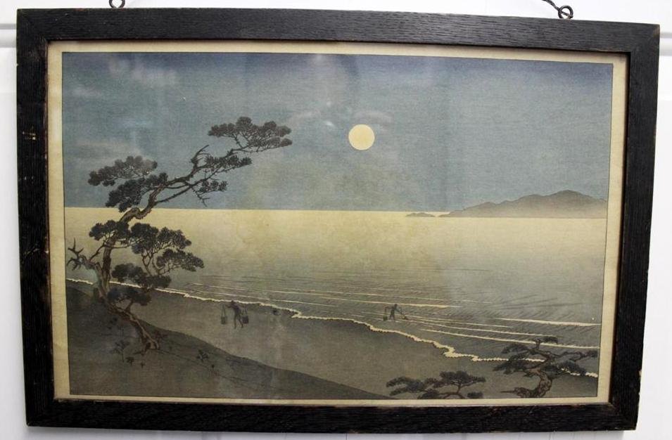 Ando Hiroshige (1797-1858) Suma Beach Night Woodblock: Another nice Ando Hiroshige AKA (Utagawa) Antique Japanese Woodblock print. Unknown Printer or publisher as it is unmarked. Beautiful night time scene of fisherman on the beach at Suma. Titled “Suma