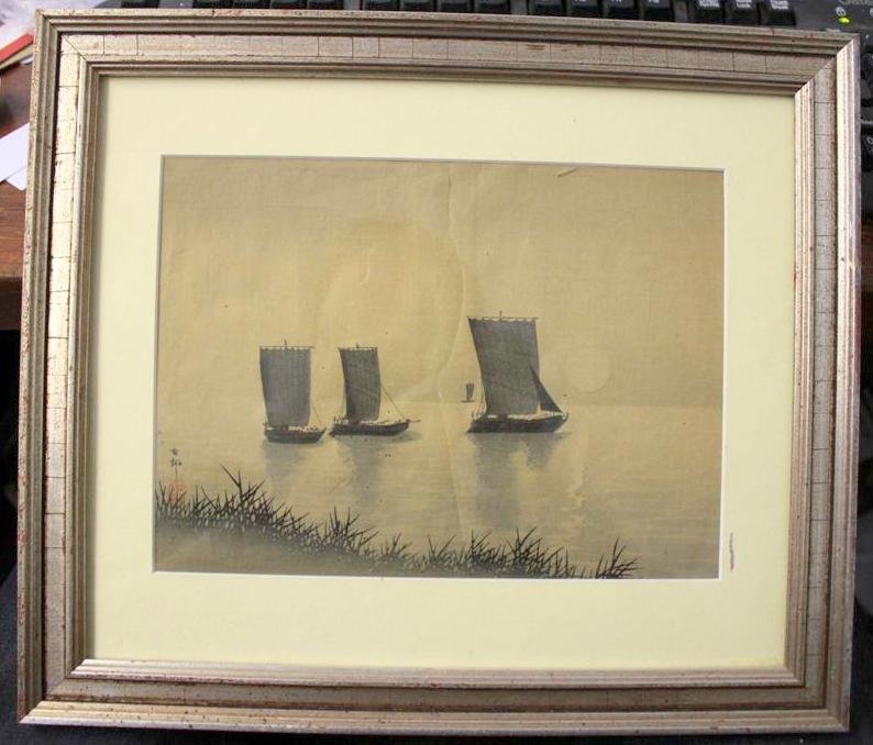 Ohara Koson (Japanese 1877-1945) Woodblock Print Boats: A nice very old Japanese Wood block print. By Ohara Koson. A print of three traditional Japanese sailboats in the water at night with a moon lighting the waters. With a grassy hill in the front. Mark 