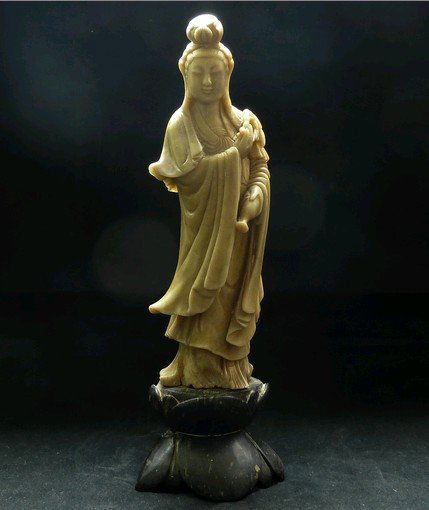 A Rare Old Qintian Stone Guanyin: A Rare Old Qintian Stone Carved Guanyin , Late Qing period , height : 31 CM