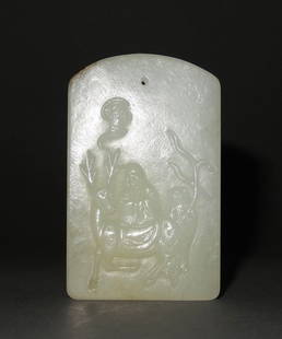 An Old White Jade Carved Plaque: An Old White Jade Carved Plaque with Shoulao and deer motif , Qing Period , size: 6.2 X 3.8 CM