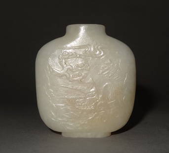 An Old White Jade Snuff Bottle: An Old White Jade Snuff Bottle depicting a fisherman ,Qing period , size: 5.3 X 4.8 CM