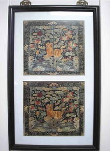 Old Pair Silk Badge: Chinese Old Pair Silk Badge ,Late Qing Period ,single size: 29 X 26 CM , shipping without frame