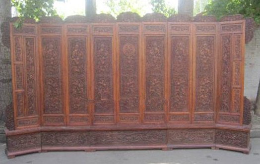 Large Chinese 9 Panel Huanghuali Wood Carved Screen: Large Chinese 9 Penal Huanghuali Wood Carved Screen , pre 1975 , height : 207 CM , width : 400 CM
