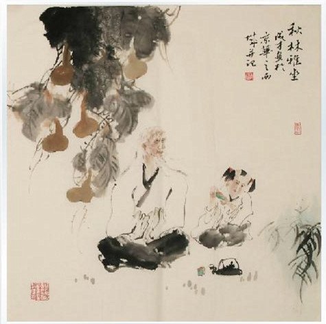 Fine Chinese Water Color Painting: Fine Chinese Water Color Painting , old Man and Tongzi , artist signed , size: 68 X 68 CM