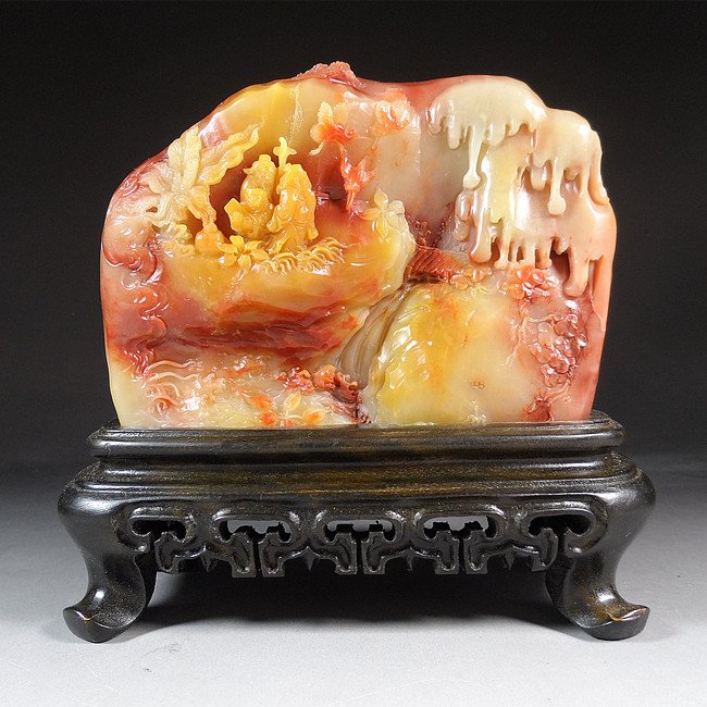 Fine Chinese Soapstone Carving: Fine Chinese Soapstone Carving with figures and landscape , stone size: 8.0*10.5*3.8 CM