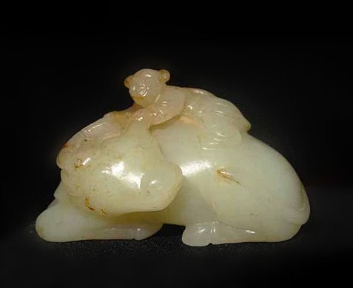 Old Chinese White Jade Carving: Old Chinese White Jade Carving with a child on a ox back , Qing Dynasty , size; 6.8 X 4.2 CM