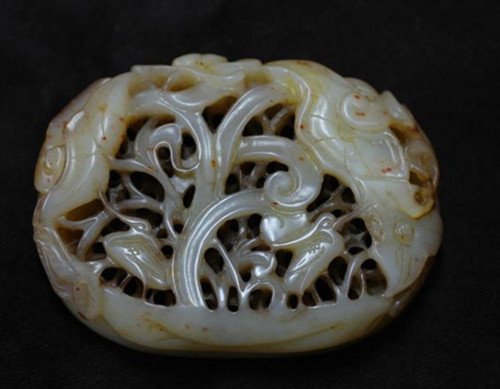 Old Fine Chinese White Jade Carved Plaque: Old Fine Chinese White Jade Carved Plaque in open work with goose motif , Possibly Ming Dynasty , size:9.6 X 7.2 X 1.9 CM