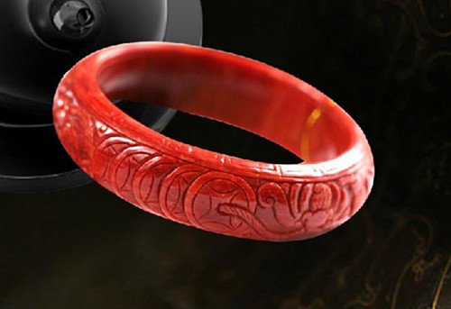 Fine Chinese Taiwan - Made Natural Red Coral Bangle: Fine Chinese Taiwan - Made Natural Red Coral Bangle with auspicious designs , inner size: 5.4 CM ,width : 1.9 CM , thickness : 0.9 CM , weight : 54 g ， PS：red coral joining togather , no
