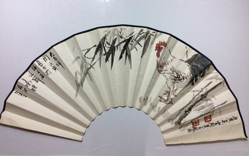 Fine Old Chinese Fan Painting: Fine Old Chinese Fan Painting depicting a cock , size: standard