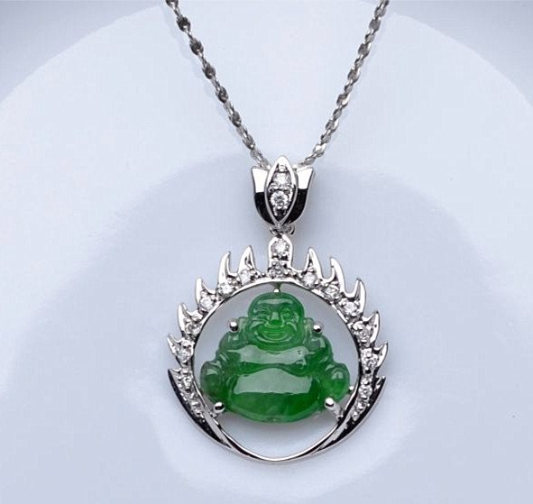 Fine Chinese 18K Diamond Inlaid Natural Jadeite Pendant (1 of 5)