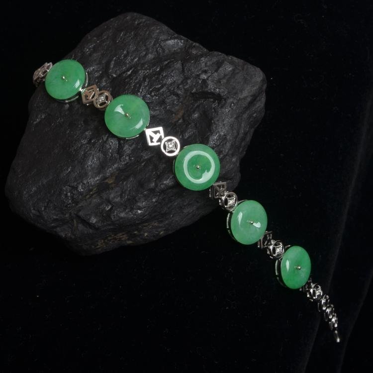 Chinese 18K Diamond Inlaid Natural Jadeite Bracelet (1 of 7)