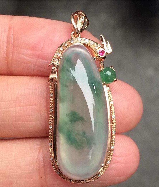 Fine Chinese 18K Diamond Inlaid Natural Jadeite Pendant (1 of 5)