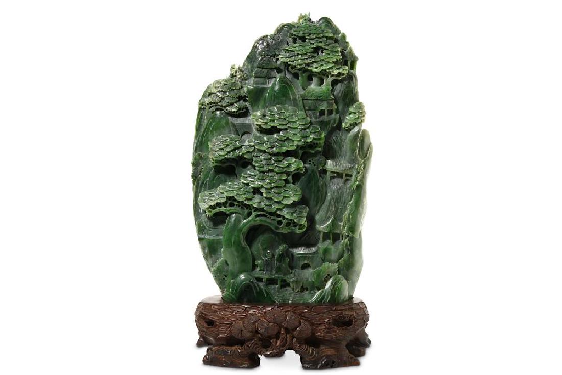 A CHINESE SPINACH JADE 'MOUNTAIN' CARVING. Carved to (1 of 2)