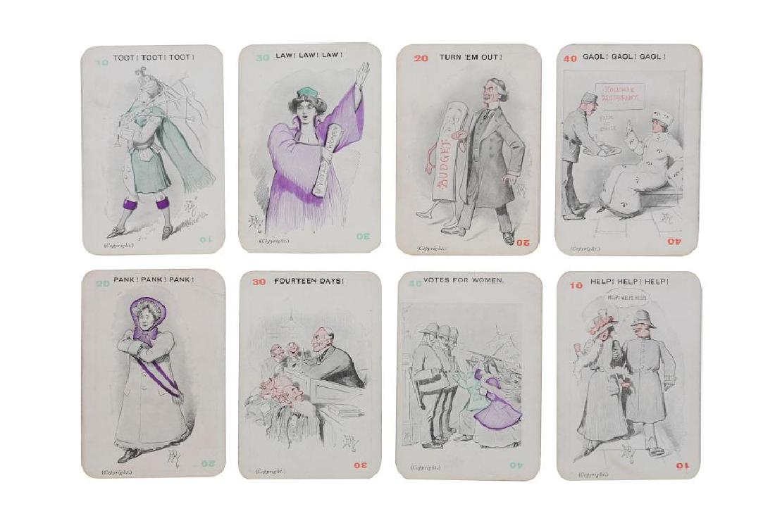 'Panko' or 'Votes for Women' card game First edition,: Panko' or 'Votes for Women' card game First edition, pictures by F. T. Reed of 'Punch', Peter Gurney Ltd, eight sets of six cards: 'Fourteen Days!', 'Votes for Women', 'Toot! Toot! Toot!', 'Law! La