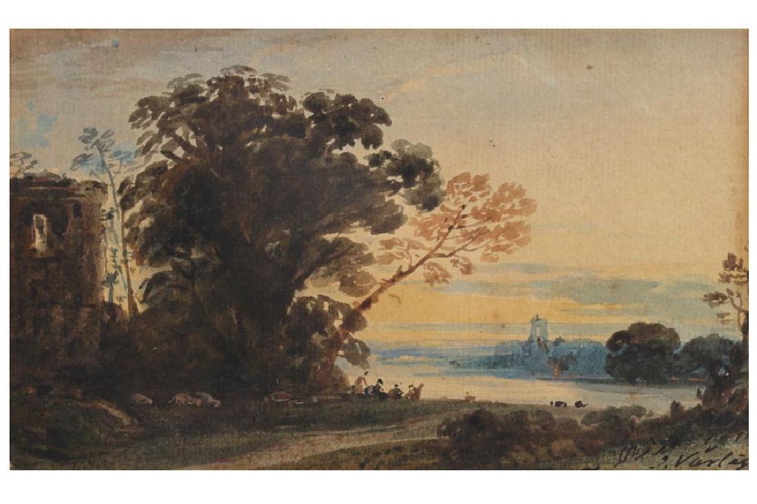 JOHN VARLEY OWS (BRITISH 1778 - 1842): JOHN VARLEY OWS (BRITISH 1778 - 1842) Figures on the banks of a lake by a castle ruin at sunset Signed lower right Watercolour 9 x 14.5 cm (3 1/2 x 5 3/4 inches) Provenance: Christopher Fry and then