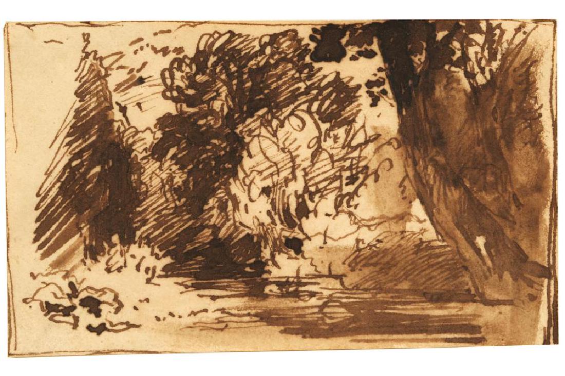 JOHN CONSTABLE RA (BRITISH 1776 - 1837): JOHN CONSTABLE RA (BRITISH 1776 - 1837) A Woodland Glade: possibly a preparatory study for 'Jaques and the Wounded Stag', c.1832-5 Pen and brown ink on wove writing paper 64 x 83 mm (2 1/2 x 3 1/4 in)