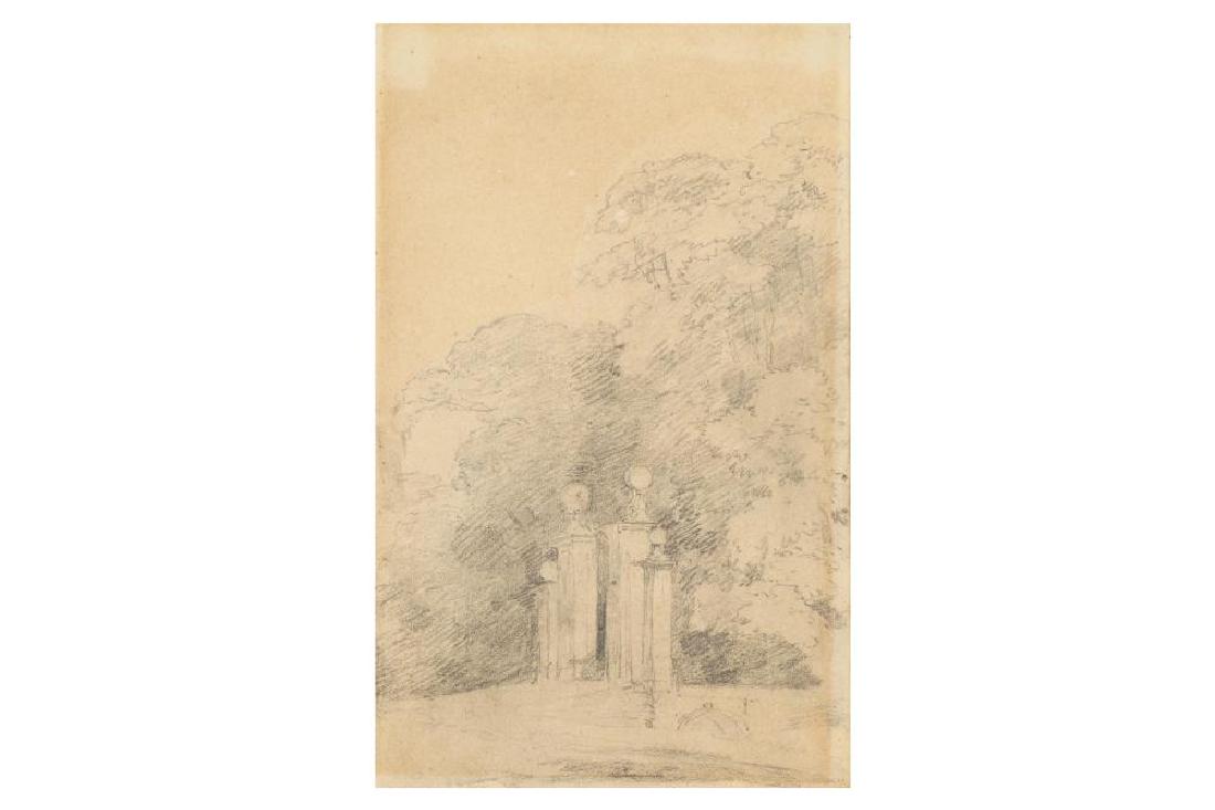 ATTRIBUTED TO JOHN CONSTABLE RA (BRITISH 1776 - 1837): ATTRIBUTED TO JOHN CONSTABLE RA (BRITISH 1776 - 1837) Study of an entrance gate to a park Pencil on wove writing paper 171 x 109 mm (6 3/4 x 4 1/4 in) Provenance: Mr Ewer, 1950; Leonard G. Duke (D 218