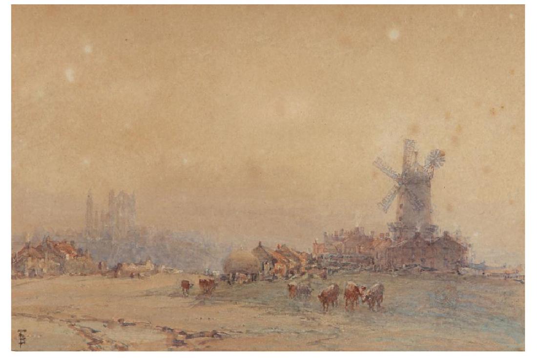 MYLES BIRKET FOSTER (BRITISH 1825-1899): MYLES BIRKET FOSTER (BRITISH 1825 - 1899) A view of Whitby with the Abbey beyond Signed with monogram Watercolour 9.5 x 14 cm (3 3/4 x 5 1/2 in) and a companion, 'Sailing vessels off the coast', a pai