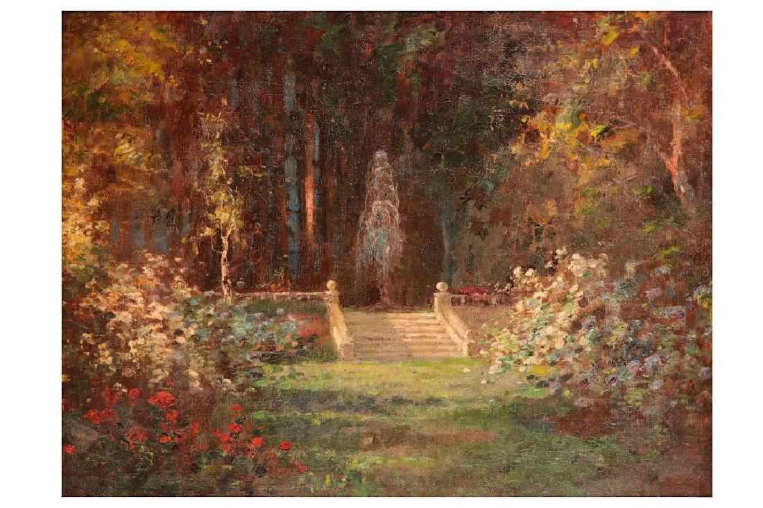 TOM MOSTYN (BRITISH 1864 -1930): TOM MOSTYN (BRITISH 1864 - 1930) The secret garden Signed lower right Oil on canvas 45 x 69 cm (17 3/4 x 27 1/4 in)