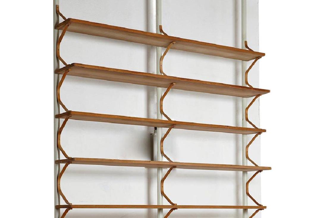 Bruno Mathsson for Karl Mathsson, - 'Anita', a shelving: Bruno Mathsson for Karl Mathsson, Sweden - 'Anita', a shelving system designed c.1950, lacquered steel, birch and pine with shaped wooden fittings to the painted metal uprights, comprising eight shelv