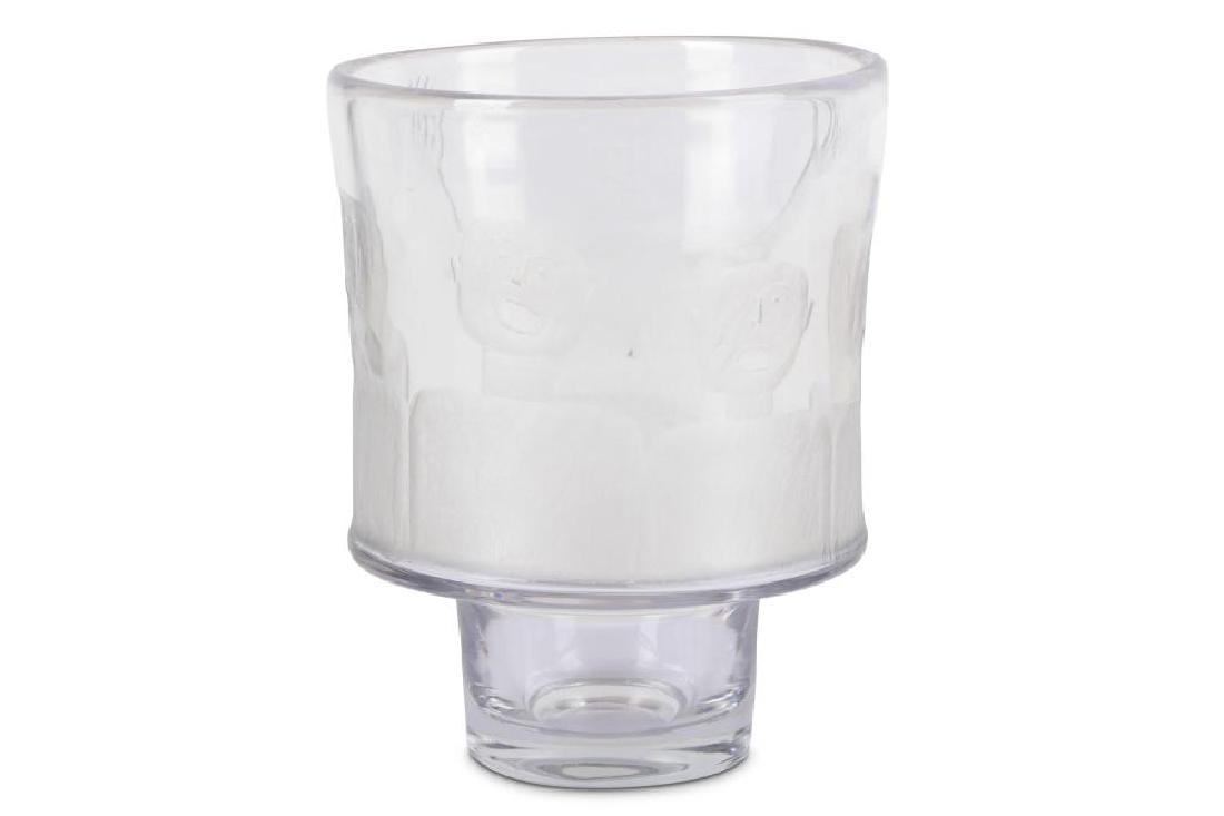 Vicke Lindstrand for Orrefors - A conical glass vase: Vicke Lindstrand for Orrefors - A conical glass vase 'The Scream' with engraved decoration of faces raising their voices made in memory of Dag Hammerskjold who was awarded the Nobel Peace Prize, heigh