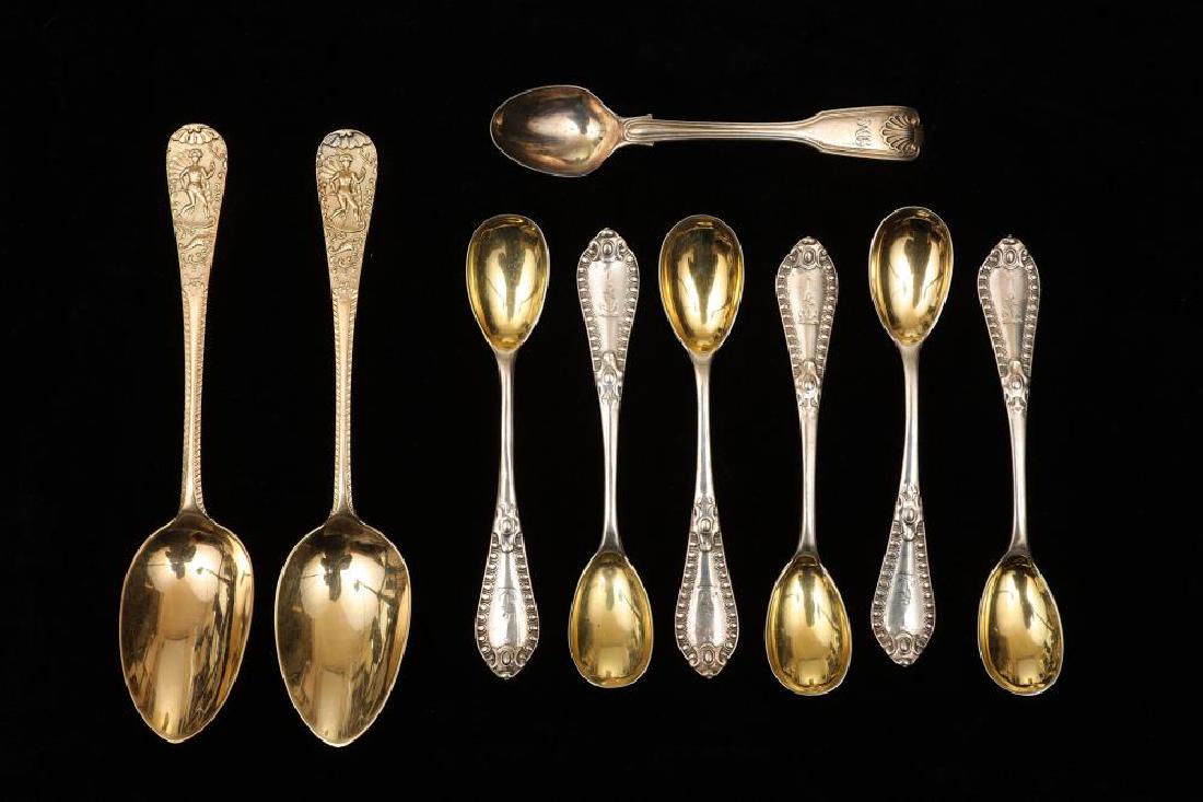 Neptune Pattern – A Victorian sterling silver-gilt pair: Neptune Pattern – A Victorian sterling silver-gilt pair of dessert spoon, London 1890 by Charles Stuart Harris Virginal. Together with six Scottish Grecian pattern egg spoons, single struck and with