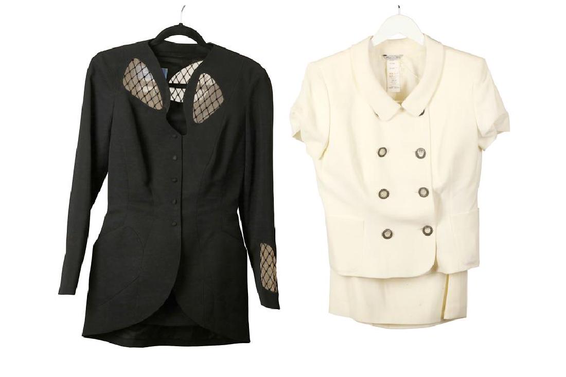 Two Designer Suits, to include a Thierry Mugler sk: Two Designer Suits, to include a Thierry Mugler skirt suit, fitted jacket with lattice detail to the front, back and sleeve, 17.5"/45cm chest, 75cm long, with a matching skirt, 13"/33cm waist, 57cm lo