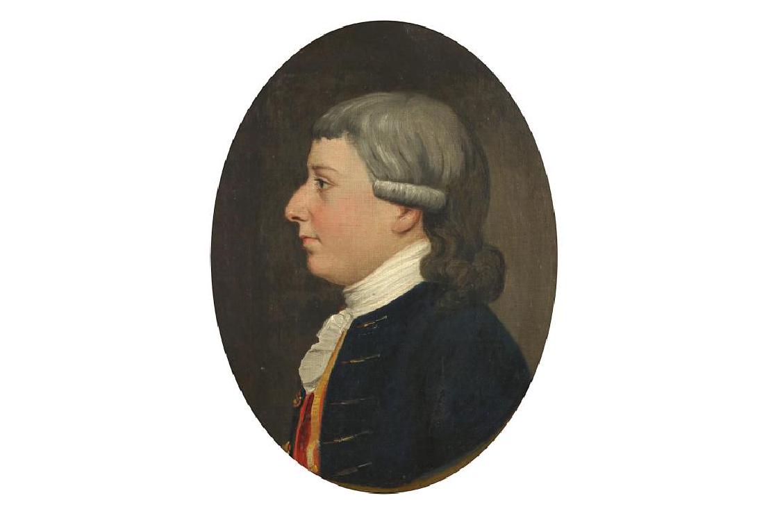 CIRCLE OF JOHN DOWNMAN (RUABON, WALES 1750-1824: CIRCLE OF JOHN DOWNMAN (RUABON, WALES 1750-1824 WREXHAM) Portrait of a gentleman, bust-length, in a blue coat and white cravat, painted oval oil on canvas 15 x 12 in. (38.1 x 30.4 cm.) Notes: Painting