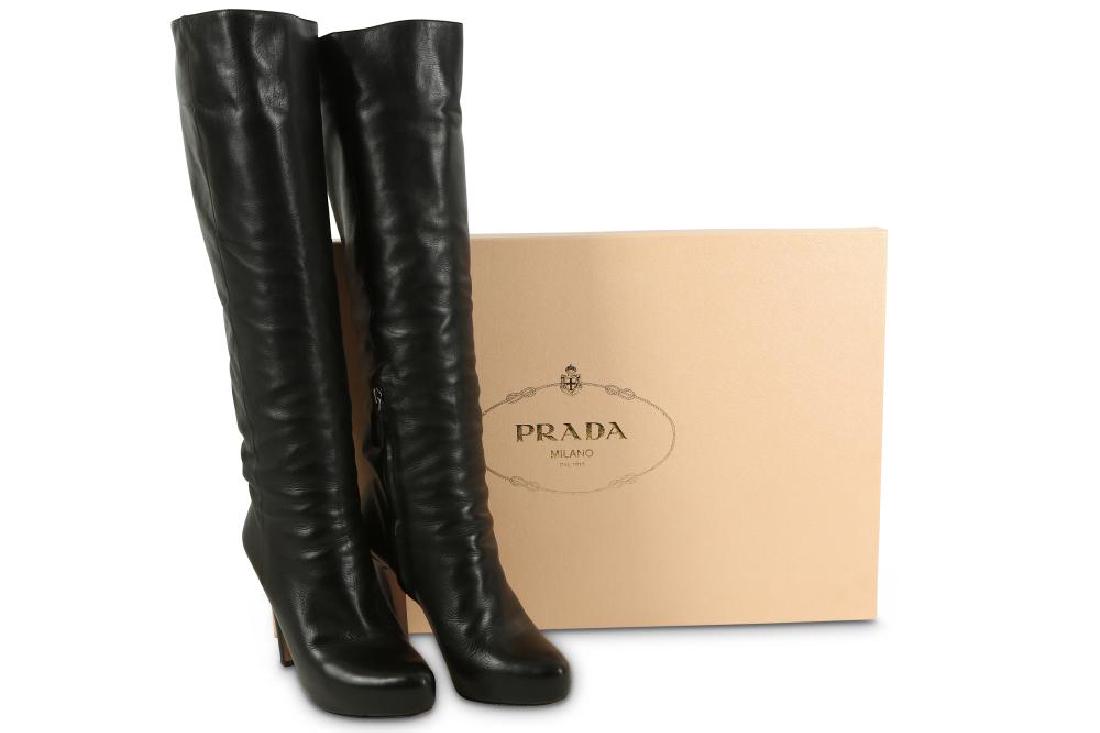 Prada Black Leather Knee-High Boots, 11cm heel, size 38 (1 of 1)