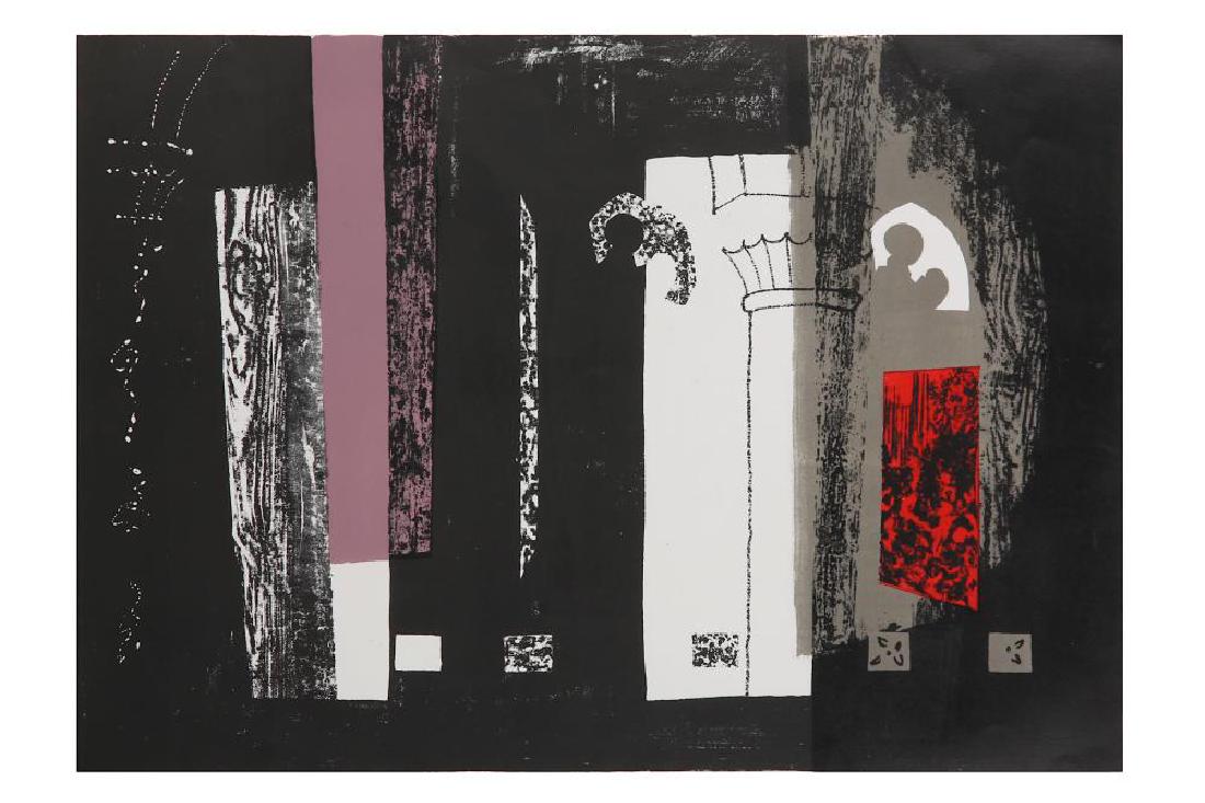 JOHN PIPER, C.H. (1903-1992): JOHN PIPER, C.H. (1903-1992) Inglesham, Wiltshire: A rustic medieval interior with Curwen Studio blind stamp (lower left), and ink stamp (on the reverse) lithograph in colours, unframed Image: 19 3/4